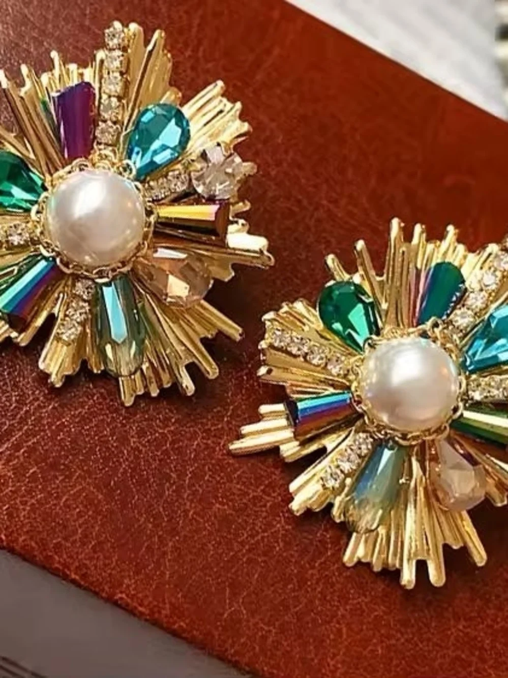 Gold Earrings with Pearl & Green-Blue Crystal Accents - Picture 2 of 6